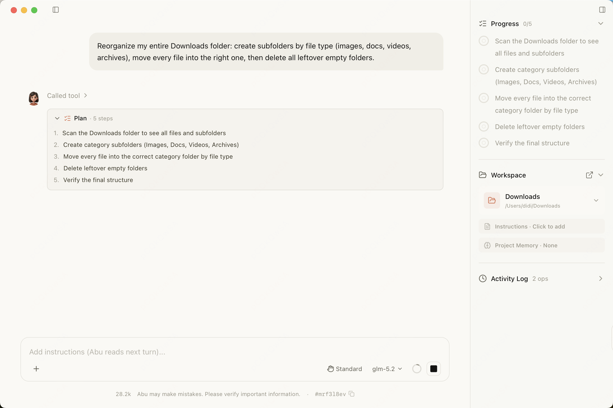 Abu product UI — Plan mode: high-risk tasks are planned first, and only run after you confirm